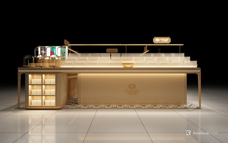Elegant Modern Storefront Design With Gold Accents Lighting Counter And Signboard 3d model 