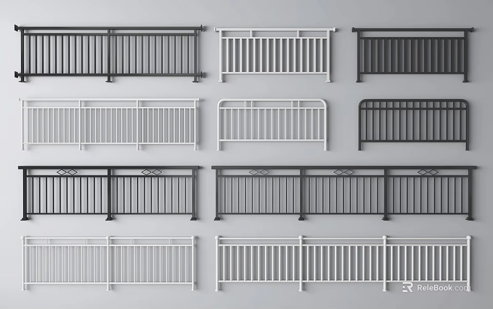 Various Modern And Classic Railing Designs In Black And White Colors 3d model 