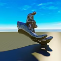 Giant Hand Sculpture With Small Figure Sitting On Top Against Blue Sky Green Field