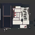 Cartoon Scene of Traditional Japanese Architecture with Classic Roof Stairs Lanterns and Interior Decorative Furniture