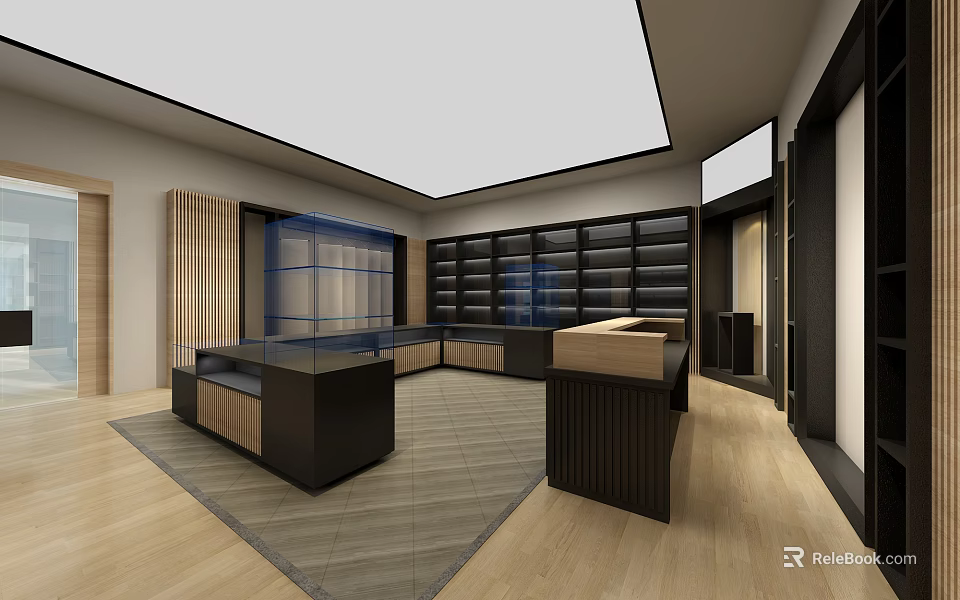 Modern Specialty Store Interior With Glass Counters Display Shelves And Wooden Flooring 3d model 