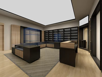 Modern Specialty Store Interior With Glass Counters Display Shelves And Wooden Flooring 3d model