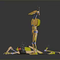 Mechanical Robots In Different Poses Standing And Lying With Yellow Green Parts
