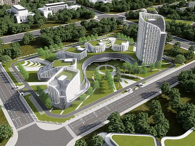 Aerial View Planning Of Modern Urban Development With Curved Buildings Green Spaces And Roads 3d model
