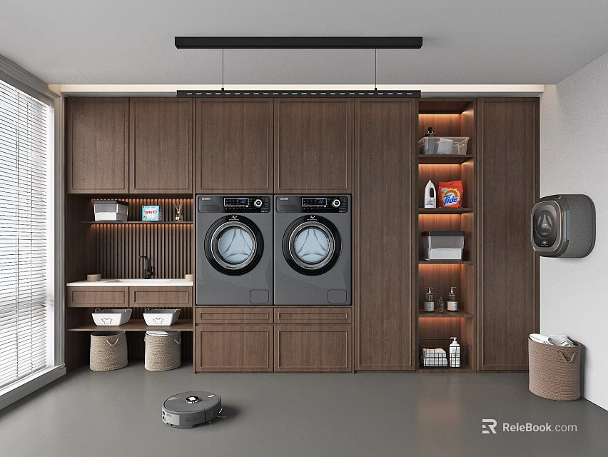 Modern Home Balcony Interior Design With Washing Machines Wooden Cabinets Storage Baskets And Robotic Vacuum 3d model 
