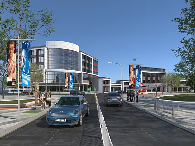 Modern Commercial Complex With Glass Facade On Street Featuring Cars Pedestrians Lamps And Banner Ads 3d model