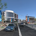 Modern Commercial Complex With Glass Facade On Street Featuring Cars Pedestrians Lamps And Banner Ads