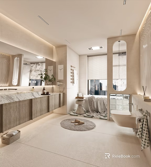 Modern Bathroom Interior With Marble Vanity Cabinets Large Mirror And Plants 3d model