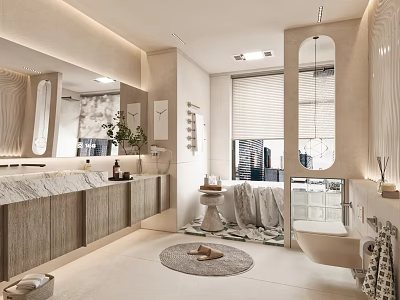 Modern Bathroom Interior With Marble Vanity Cabinets Large Mirror And Plants 3d model