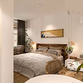 Modern Hotel Guest Room With Bed Quilt Pillows Decorative Painting Sofa Desk And Wooden Floor