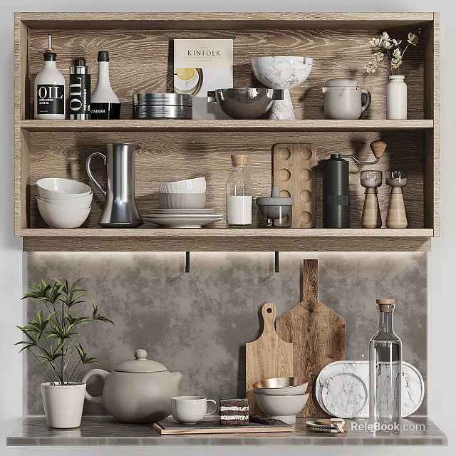 Wooden Shelves With Kitchenware Including Bowls Pitcher Plates Cutting Board And Plant 3d model 