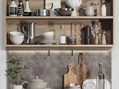 Wooden Shelves With Kitchenware Including Bowls Pitcher Plates Cutting Board And Plant 3d model