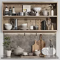 Wooden Shelves With Kitchenware Including Bowls Pitcher Plates Cutting Board And Plant