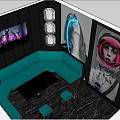 KTV Room Interior Design With Black Marble Flooring Teal Curved Bar Seats And Screens