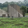 Modern Detached Villa With Glass Facade Lush Grassland Trees And Mountain View