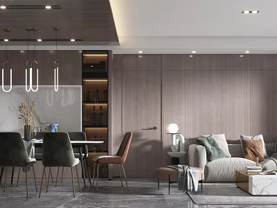 Modern Living and Dining Room Interior With Wooden Walls Sofa Dining Table Chairs And Pendant Lights 3d model