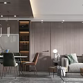 Modern Living and Dining Room Interior With Wooden Walls Sofa Dining Table Chairs And Pendant Lights