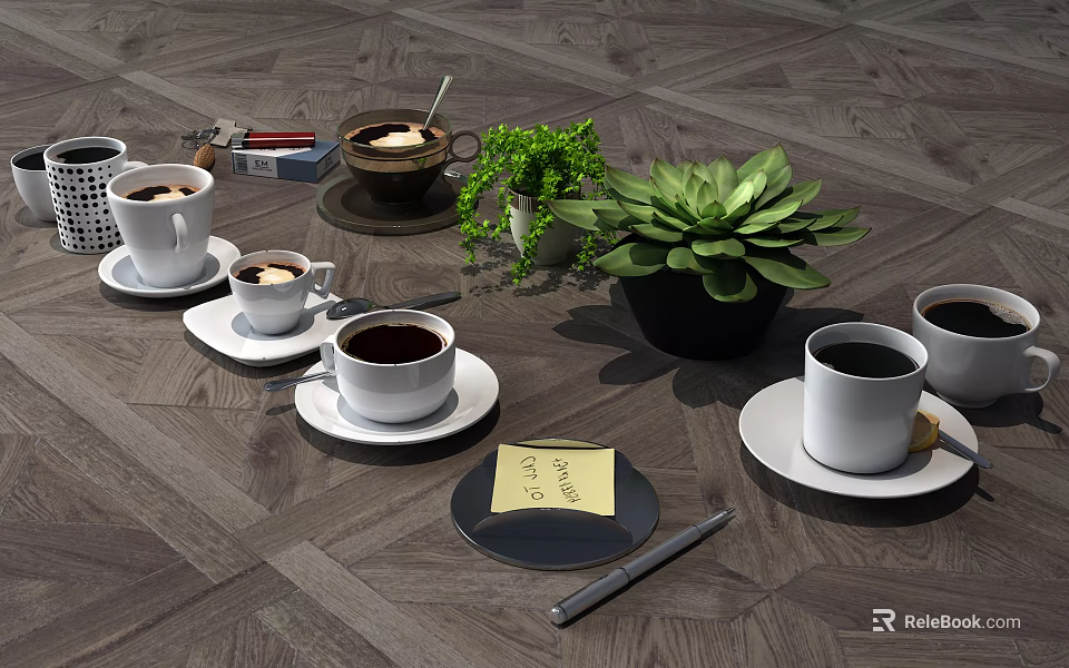 Coffee Cups On Modern Kitchen Table With Green Plants Notepad And Pen 3d model