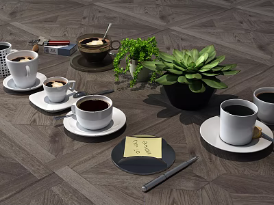 Coffee Cups On Modern Kitchen Table With Green Plants Notepad And Pen 3d model