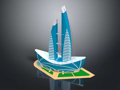 Cartoon Style Building Model with Blue Towers Ship Shaped Base Green Grass and Yellow Border 3d model