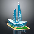 Cartoon Style Building Model with Blue Towers Ship Shaped Base Green Grass and Yellow Border