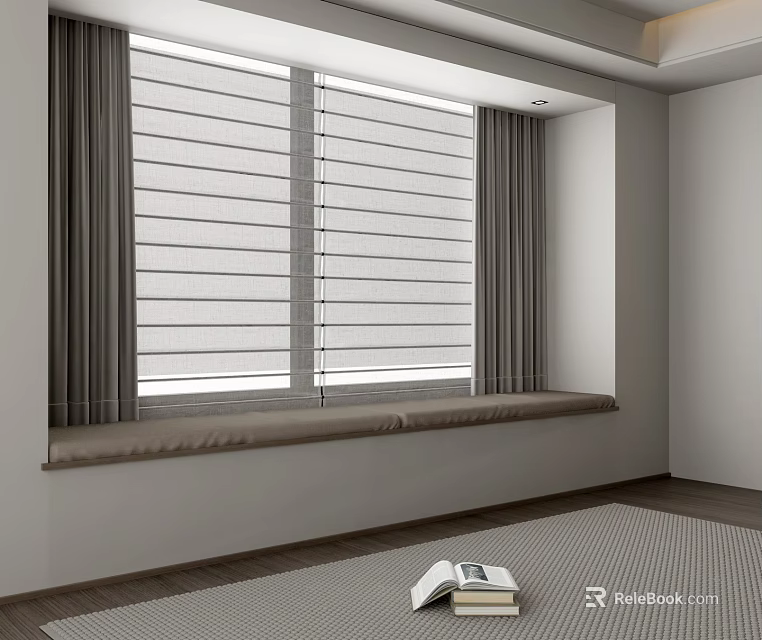Gray Curtains With White Window Blinds In Modern Bright Room With Window Seat 3d model 