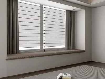 Gray Curtains With White Window Blinds In Modern Bright Room With Window Seat 3d model