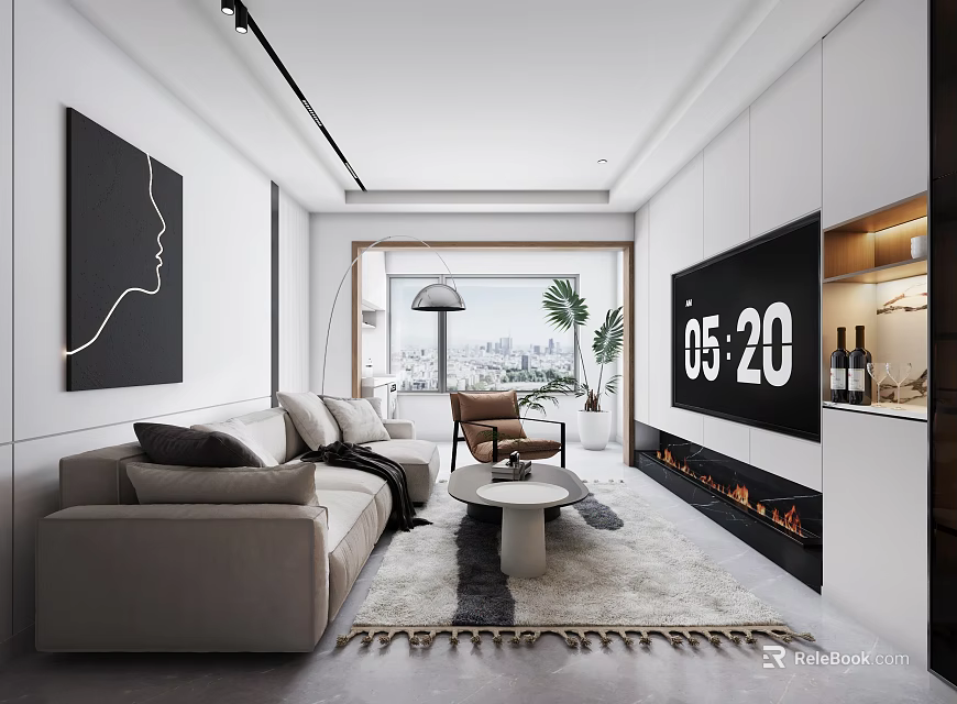 Elegant Modern Living Dining Room Interior With Sofa TV Wall And Decorative Rug 3d model 