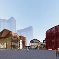 Modern Commercial Street Featuring Curved Wooden Facade And Pedestrians In Open Plaza