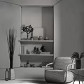 Single Sofa Interior Design With Beige Wall Shelves Decorations Plant And Picture Frame