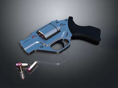 Silver Metal Revolver With Black Grip And Red Logo Near Bullets 3d model