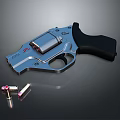 Silver Metal Revolver With Black Grip And Red Logo Near Bullets