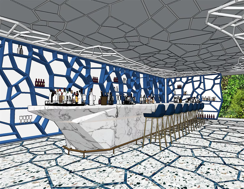 Elegant Modern Bar Interior Design With Marble Counter Blue Geometric Patterns And High Stools 3d model 