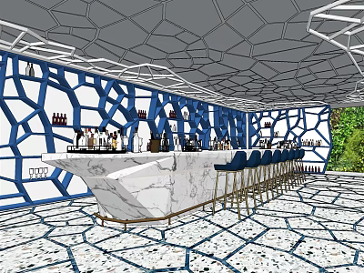Elegant Modern Bar Interior Design With Marble Counter Blue Geometric Patterns And High Stools 3d model