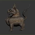 Traditional Bronze Mythical Beast Ornament Decorative Figurine With Flame Shaped Details And Intricate Patterns