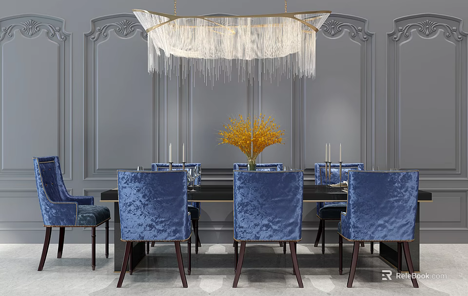 Luxurious Dining Table Set With Blue Velvet Chairs Yellow Bouquet And Chandelier On Gray Decorative Walls 3d model 