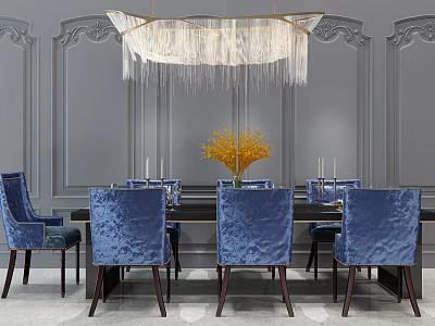 Luxurious Dining Table Set With Blue Velvet Chairs Yellow Bouquet And Chandelier On Gray Decorative Walls 3d model