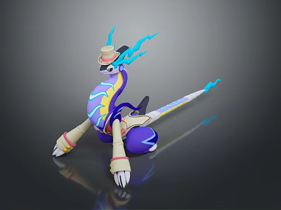 Game Movie Character With Purple Body Blue Horns Yellow Stripes Wearing Hat And Long Tail 3d model