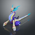 Game Movie Character With Purple Body Blue Horns Yellow Stripes Wearing Hat And Long Tail