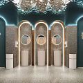 Modern Public Toilet Interior With Arched Doors Round Mirrors And Wash Basins