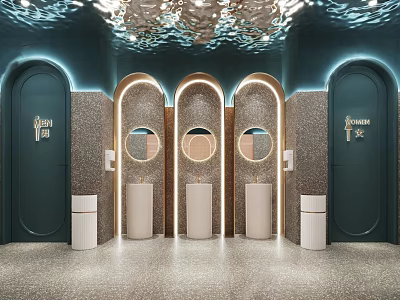 Modern Public Toilet Interior With Arched Doors Round Mirrors And Wash Basins 3d model