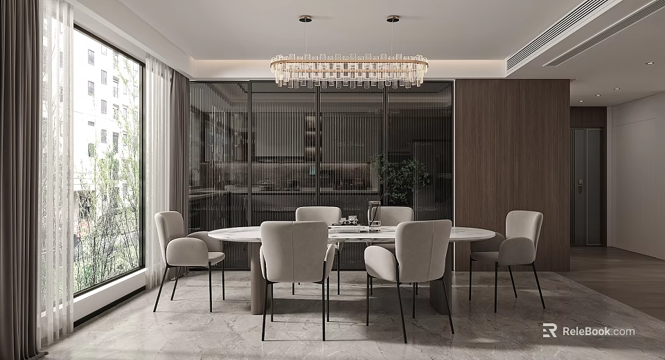 Modern Elegant Restaurant with Round Dining Table Beige Chairs Floor-to-Ceiling Windows Crystal Chandelier Wooden Walls 3d model 