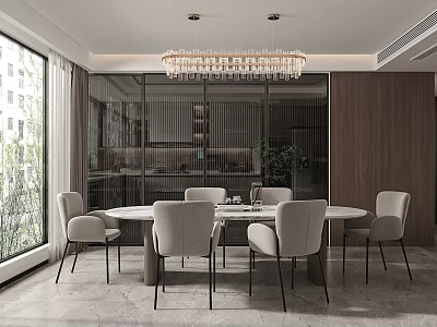 Modern Elegant Restaurant with Round Dining Table Beige Chairs Floor-to-Ceiling Windows Crystal Chandelier Wooden Walls 3d model