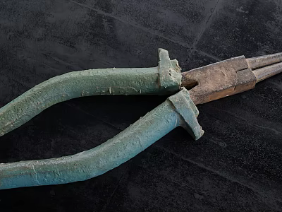 Old Green Handle Hardware Pliers With Rusty Metal Jaws On Black Surface 3d model