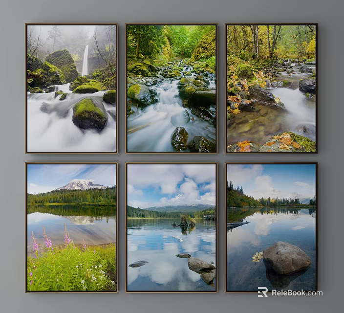 Scenic Nature Landscape Paintings With Waterfalls Streams Lakes And Mountain Reflections 3d model 