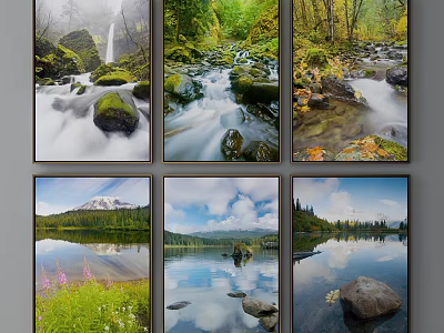 Scenic Nature Landscape Paintings With Waterfalls Streams Lakes And Mountain Reflections 3d model