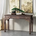 Chinese Style Wooden Console Table Interior With Carved Patterns And Potted Plant 3d model