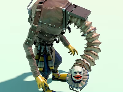 Man In Mechanical Suit With Robotic Arm Holding Clown Head Doll 3d model