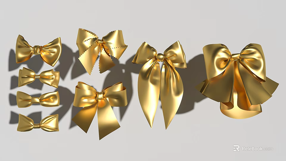 Decorative Golden Bows In Various Sizes And Styles On Light Background 3d model 