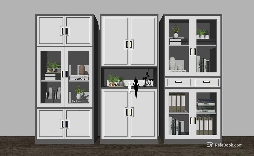 Modern White Bookcase With Glass And Solid Doors Drawers Storage Books Plants 3d model 